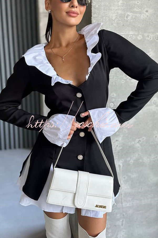 Ruffled Patchwork Blazer Mini Dress – Long Sleeve Shirt Collar
