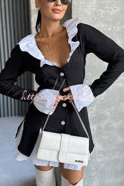 Ruffled Patchwork Blazer Mini Dress – Long Sleeve Shirt Collar