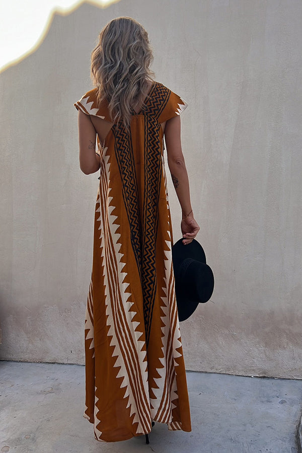 Ethnic Print V-Neck Maxi Dress – Loose Fit Vacation Style