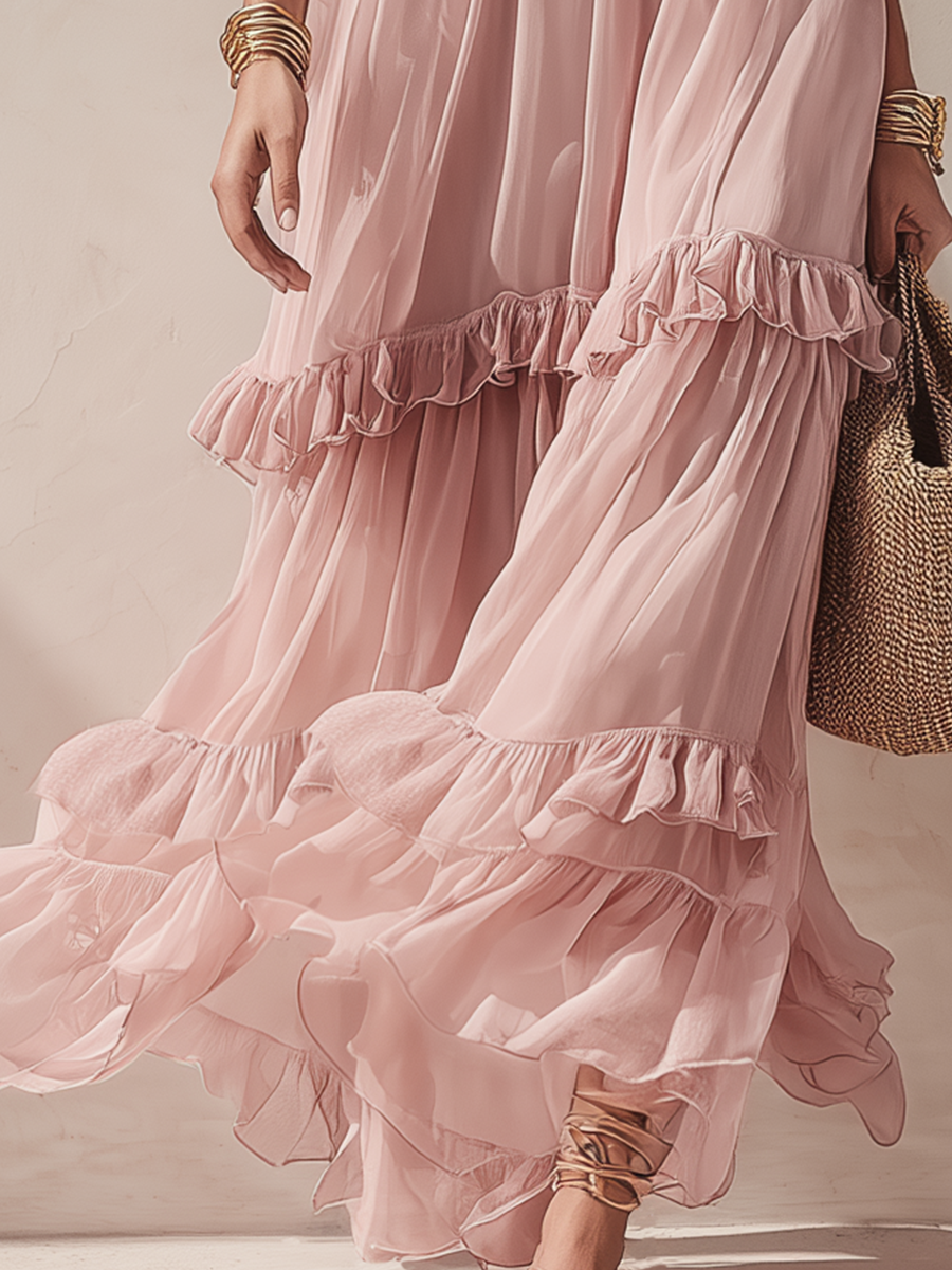 Blush Tiered Ruffle Maxi Dress for Weddings & Garden Parties