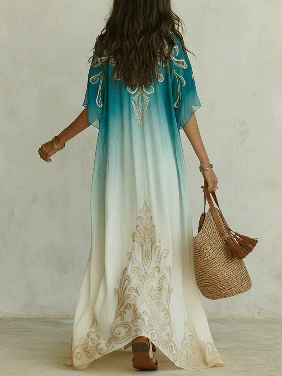 Aqua Ombre Kaftan Maxi Dress | Coastal Resort Style