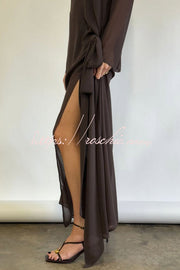 Mesh See-Through Maxi Dress with Tie Bow & Side Slit