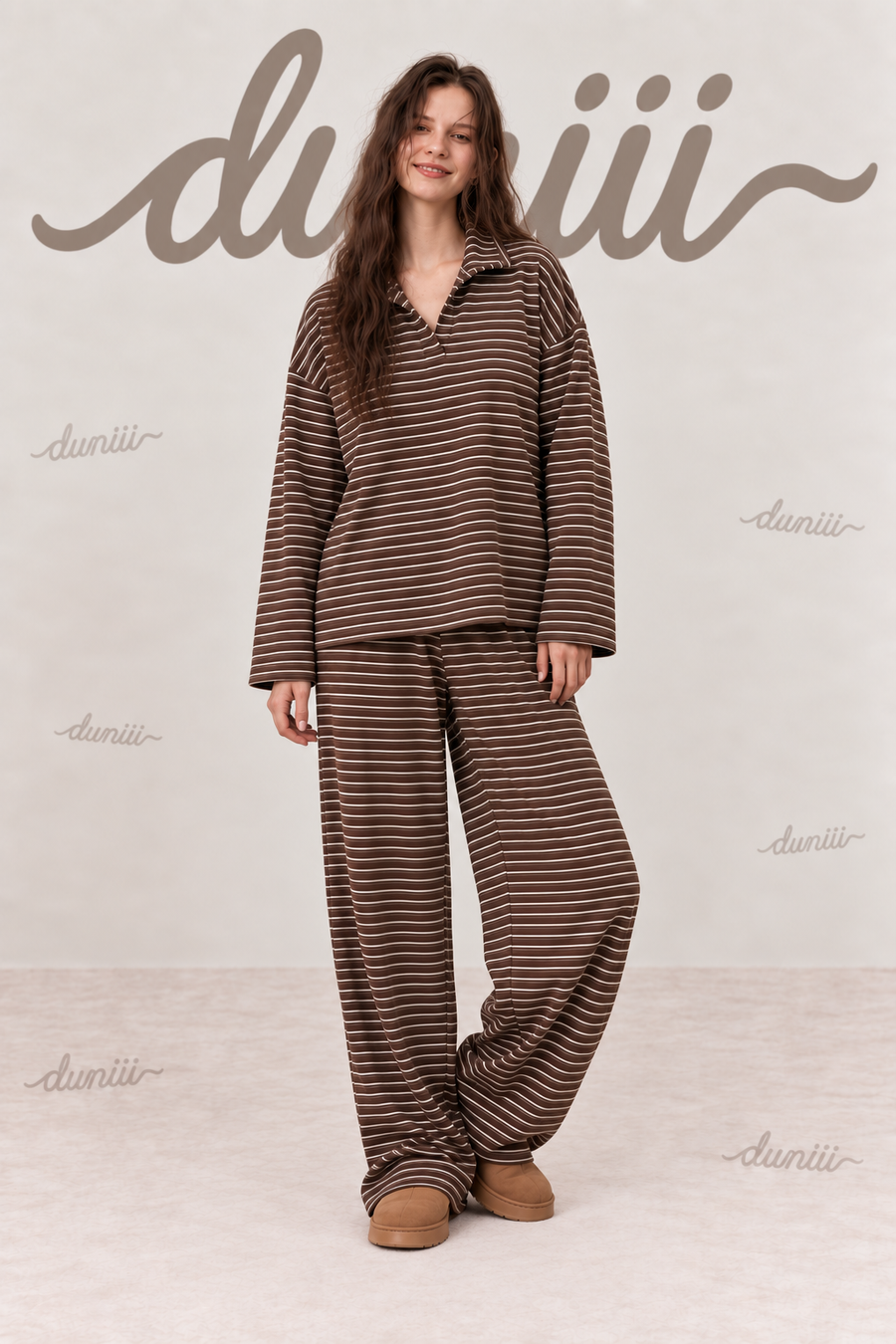 Duniii Striped V-Neck Long Sleeve Lounge Set