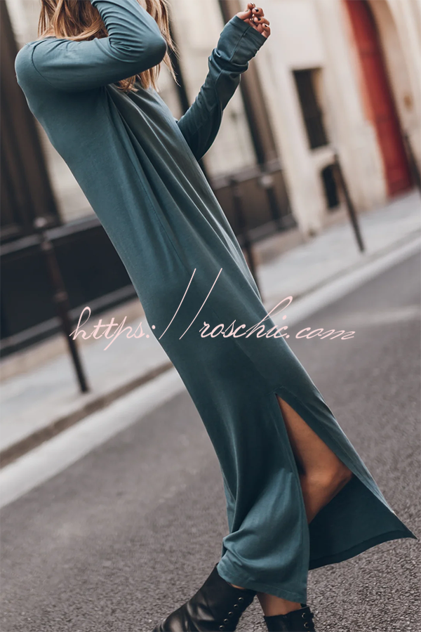 Cotton Blend Long Sleeve Midi Dress – Relaxed Fit
