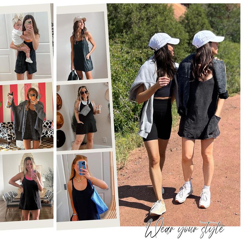UANEO Women's Summer Sleeveless Mini Dress V Neck Spaghetti Straps Athletic Built-in Shorts Sundress SummerVibes