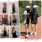 UANEO Women's Summer Sleeveless Mini Dress V Neck Spaghetti Straps Athletic Built-in Shorts Sundress SummerVibes