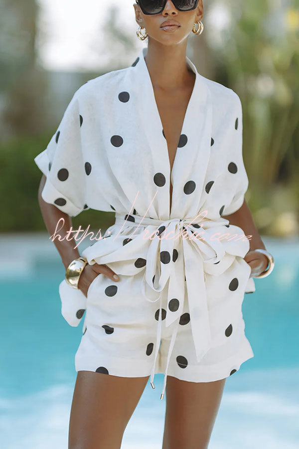 Linen Blend Polka Dot Kimono Top & Shorts Set