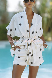 Linen Blend Polka Dot Kimono Top & Shorts Set