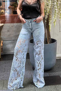 Lace Stitch Denim Wide-Leg Pants with Pockets