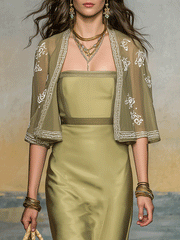 Olive Green Satin Maxi Dress & Embroidered Cardigan Set