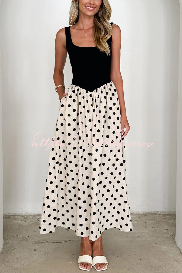 Black & White Polka Dot Sleeveless Maxi Dress with Pockets
