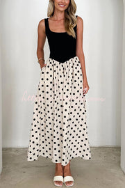 Black & White Polka Dot Sleeveless Maxi Dress with Pockets