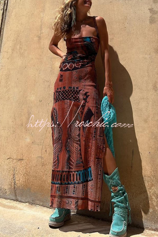 Printed Cowl Neck Lace-Back Midi Dress – Loose Fit