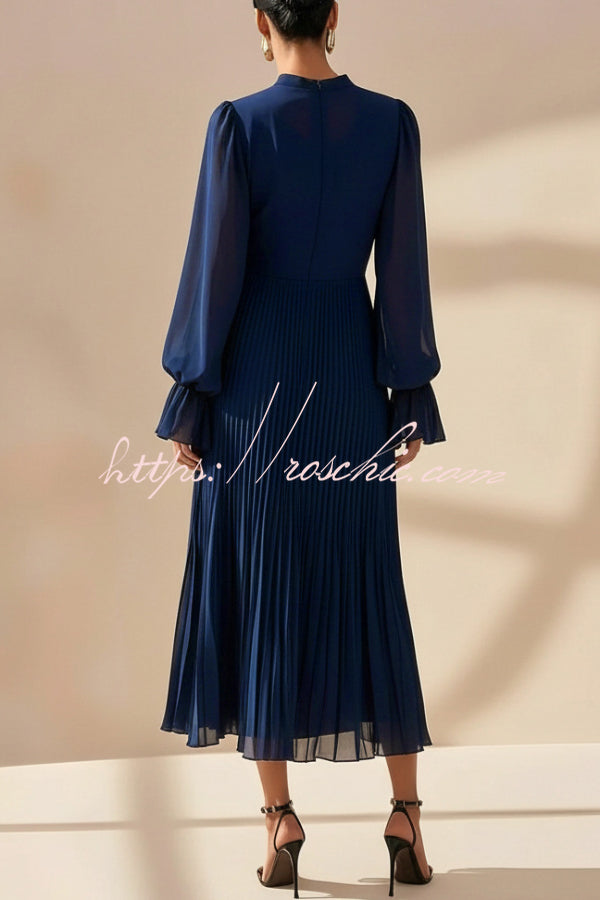 Ruffle Midi Dress Long Sleeve Round Neck Fitted Waist