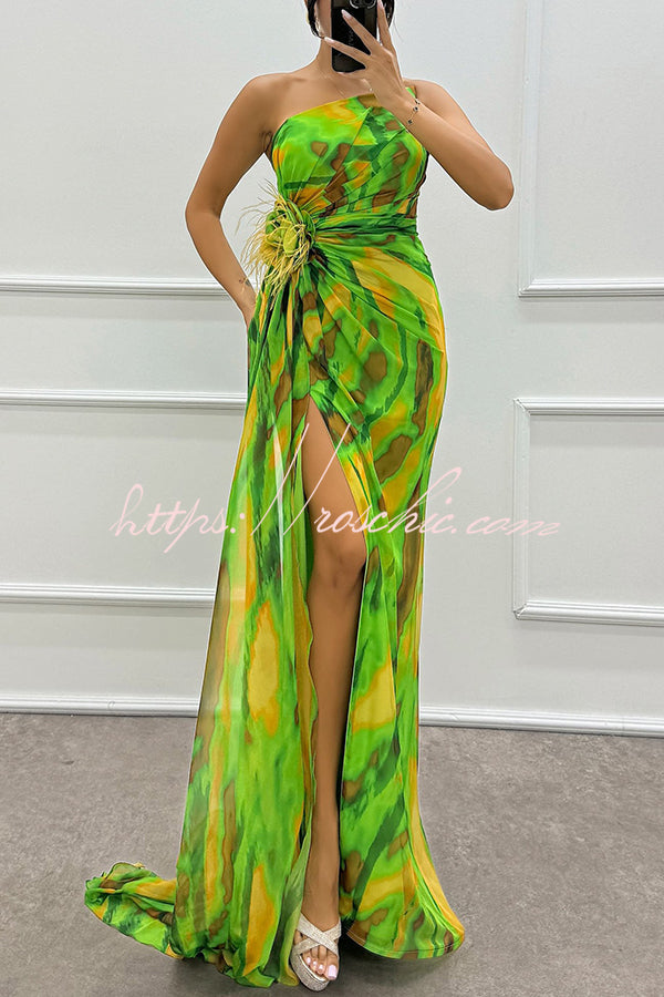 Watercolor Feather Print Off-Shoulder Chiffon Maxi Dress