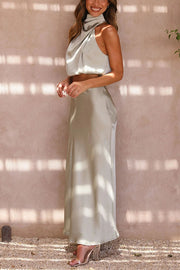 Satin High Neck Maxi Skirt Set – Sleeveless Drape Two-Piece