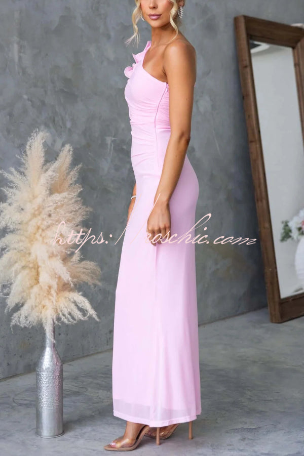One-Shoulder Mesh Maxi Dress – Slim Fit Party Dress
