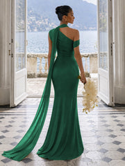 One Shoulder Formal Evening Gown with Built-In Bra, Ruched Mesh