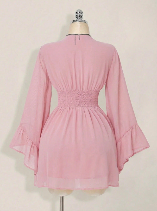 Gothic V-Neck Mini Dress - Long Sleeve Belted Fitted Dress