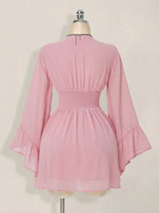 Gothic V-Neck Mini Dress - Long Sleeve Belted Fitted Dress
