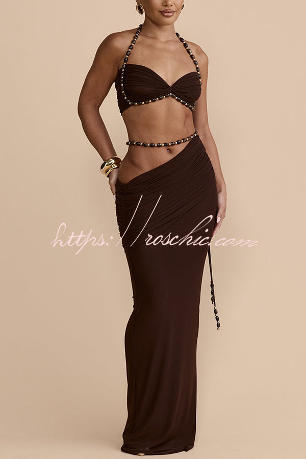 Stretch Mesh Maxi Skirt with Detachable Hand-Beaded Belt
