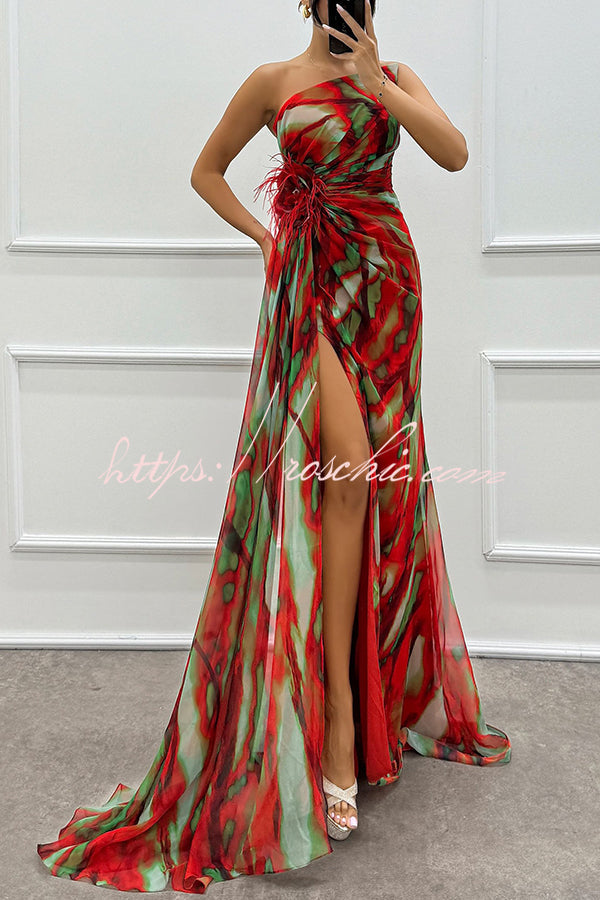 Watercolor Feather Print Off-Shoulder Chiffon Maxi Dress