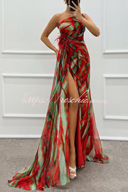 Watercolor Feather Print Off-Shoulder Chiffon Maxi Dress