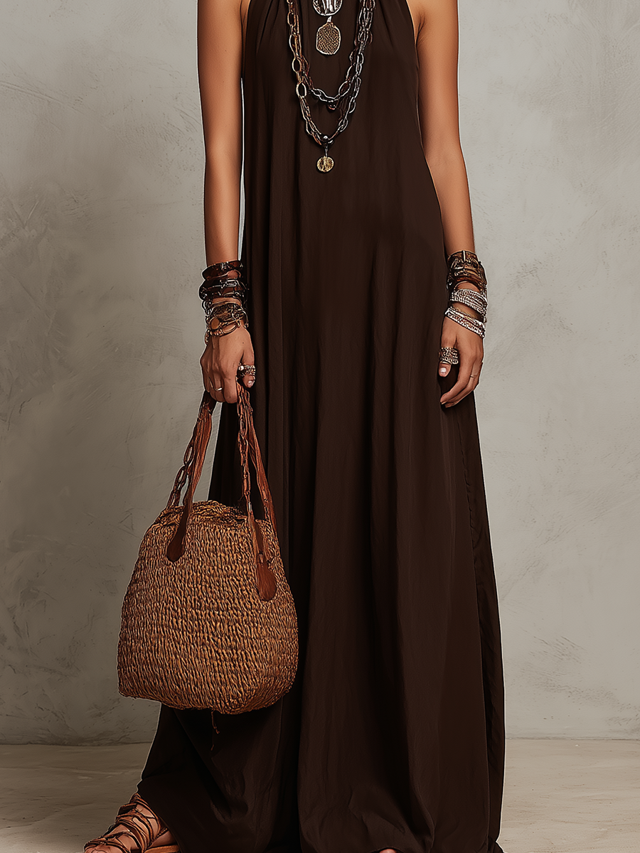 Dark Brown Halter Neck Minimalist Maxi Dress