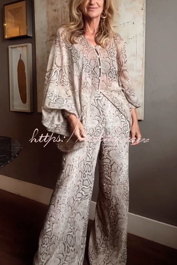 Animal Print Batwing Sleeve Shirt & Wide Leg Pants Set