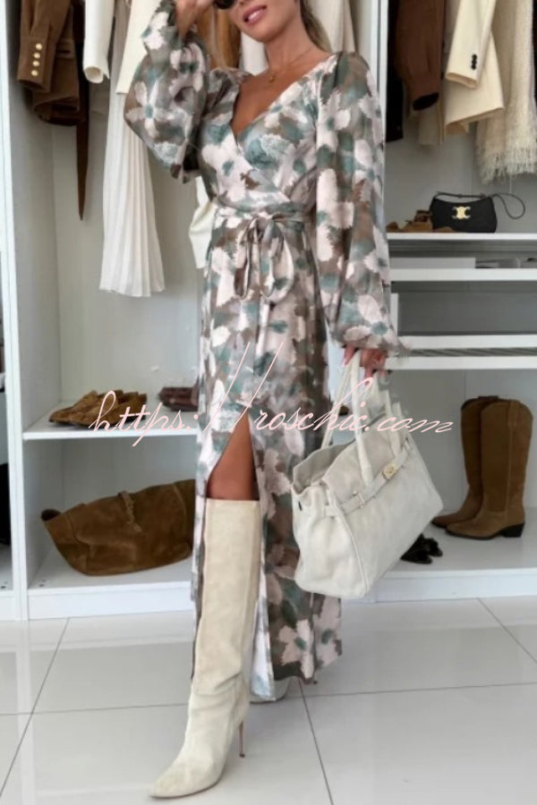 Printed V-Neck Maxi Dress with Waist Tie and Side Slit