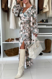 Printed V-Neck Maxi Dress with Waist Tie and Side Slit