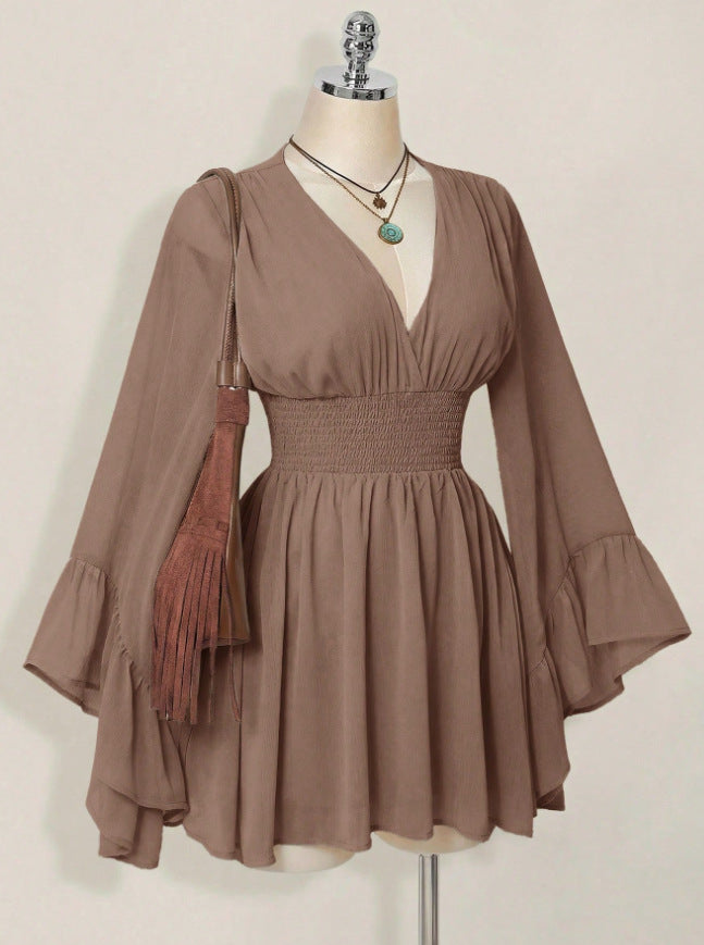 Gothic V-Neck Mini Dress - Long Sleeve Belted Fitted Dress