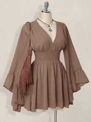 Gothic V-Neck Mini Dress - Long Sleeve Belted Fitted Dress