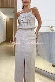 Ensemble débardeur brodé floral en lin mélangé et jupe taille haute
