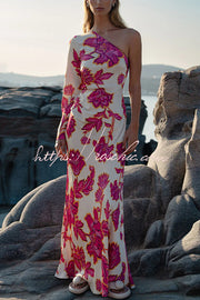 Satin Floral One Shoulder Flared Maxi Dress