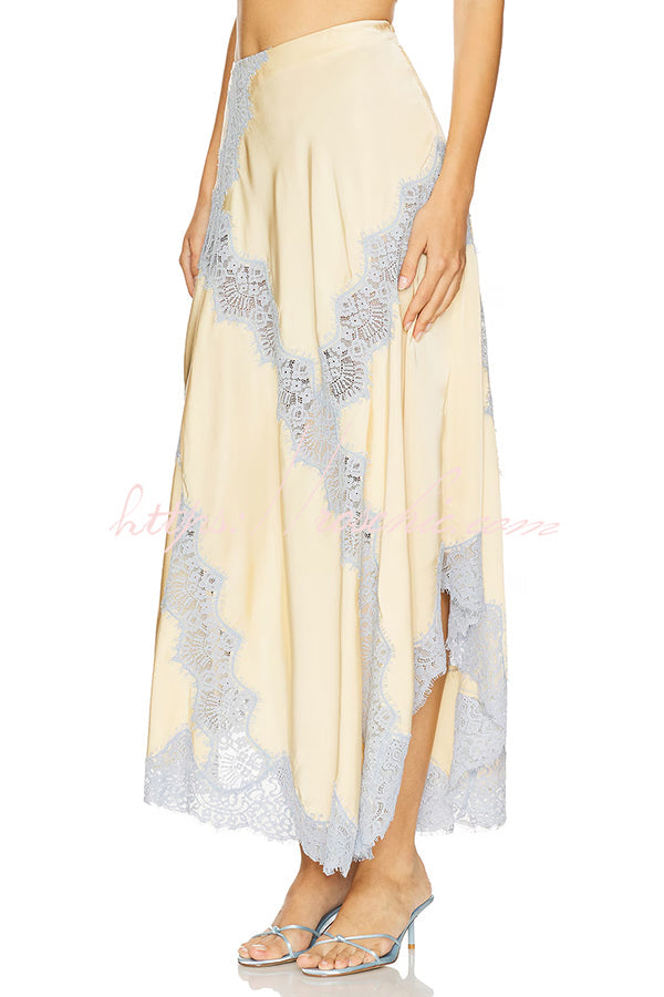 Satin Lace Trim High-Waist Midi Skirt with Irregular Hem