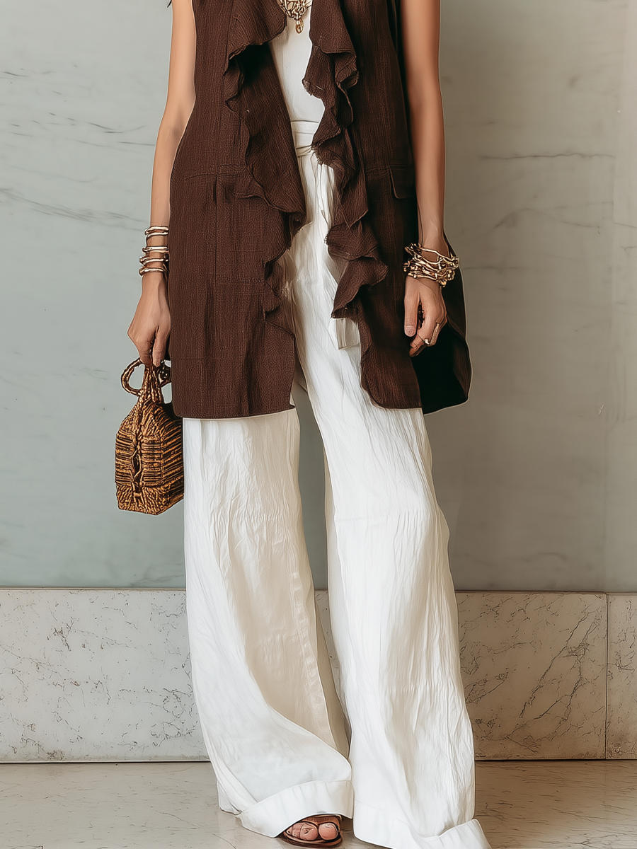 Bohemian Ruffle Vest & White Linen Wide-Leg Pants Set