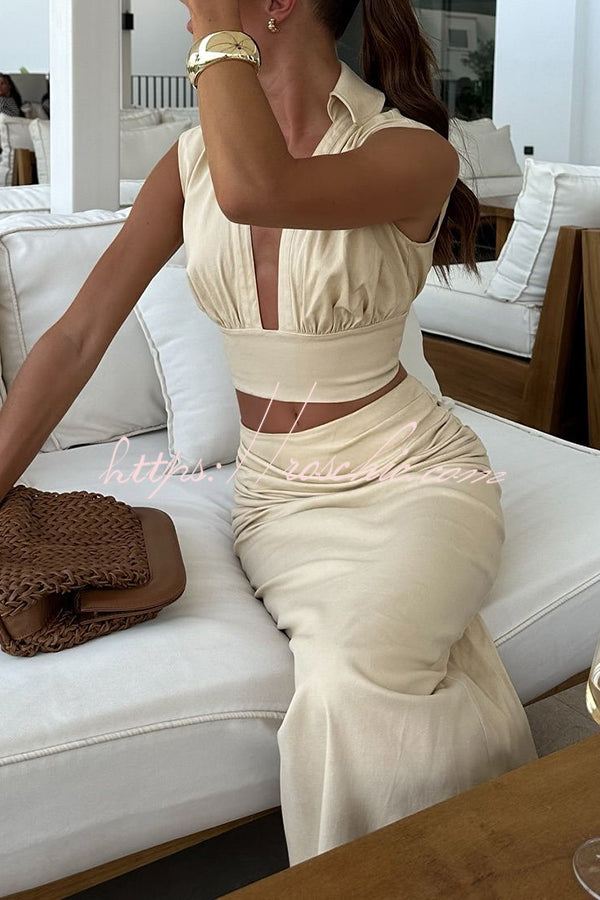 Cotton Twill V-Neck Crop Top with Plunging Neckline