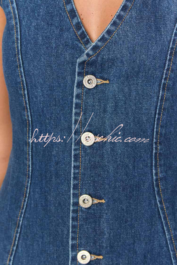 Sleeveless V-Neck Denim Mini Dress with Button & Tie Detail