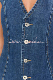 Sleeveless V-Neck Denim Mini Dress with Button & Tie Detail