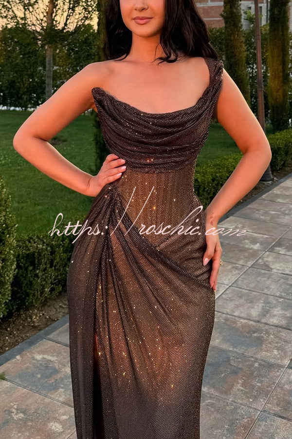 Sequin One Shoulder Ruched Maxi Dress with Slit