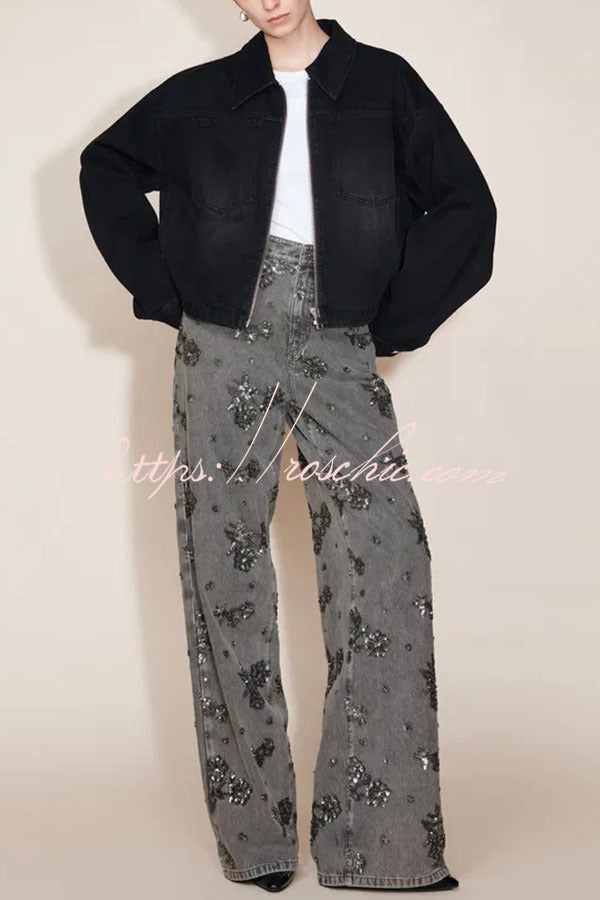 Beaded Sequin Floral Wide Leg Jeans Mid Rise with Pockets