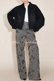 Beaded Sequin Floral Wide Leg Jeans Mid Rise with Pockets