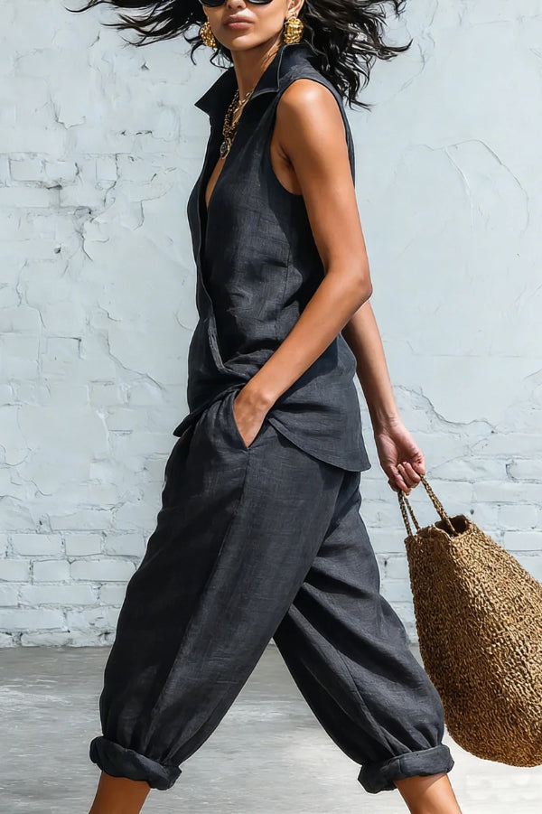 Linen Blend Sleeveless Top & Elastic Waist Pants Set