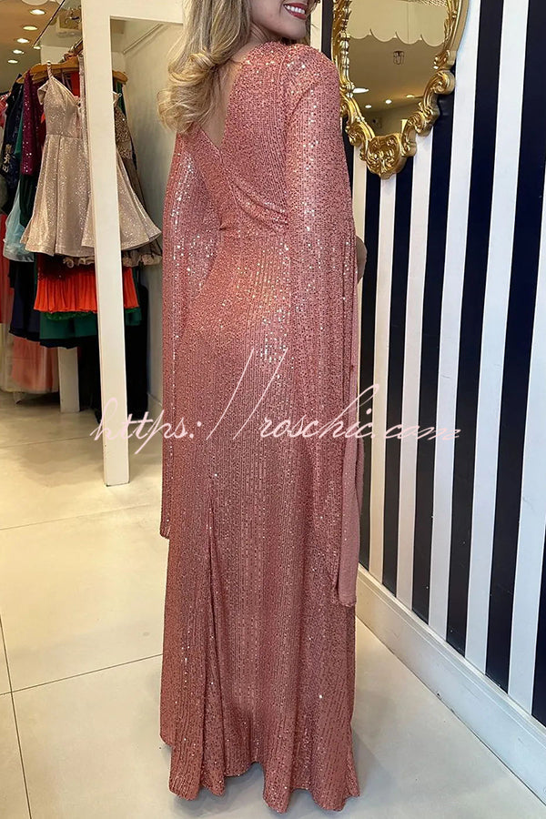 Sequin Cape Sleeve Cross-Waist Evening Maxi Dress