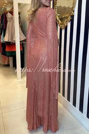 Sequin Cape Sleeve Cross-Waist Evening Maxi Dress