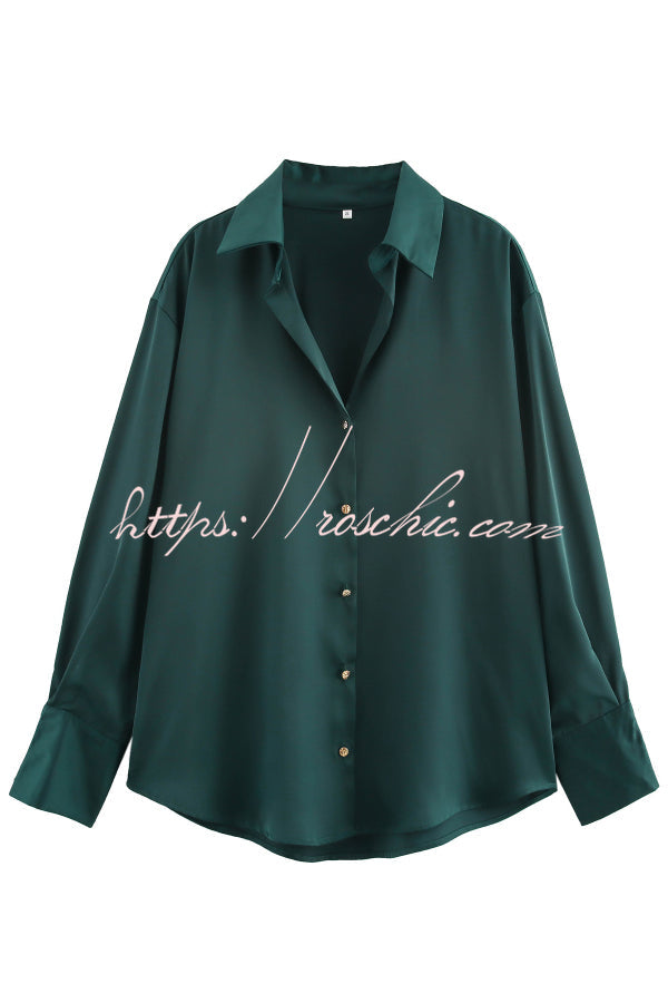 Satin Texture Long Sleeve Loose Shirt | Office Blouse