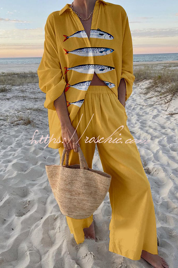 Ocean Print Oversized Shirt & Elastic Waist Pants Set