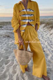 Ocean Print Oversized Shirt & Elastic Waist Pants Set