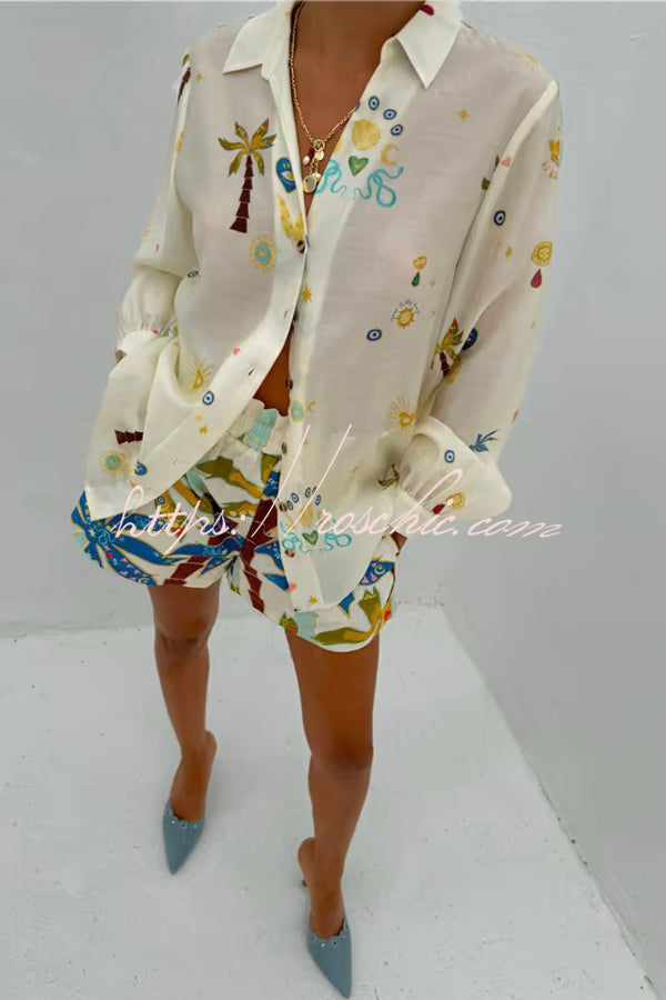 Linen Blend Printed Shirt & Elastic Waist Shorts Set